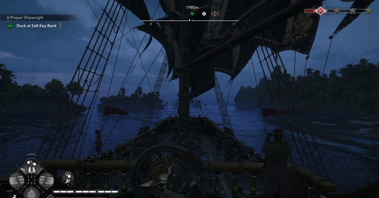 Storms are not decoration — they will sink you. Lower sails and turn into rogue waves head-on.