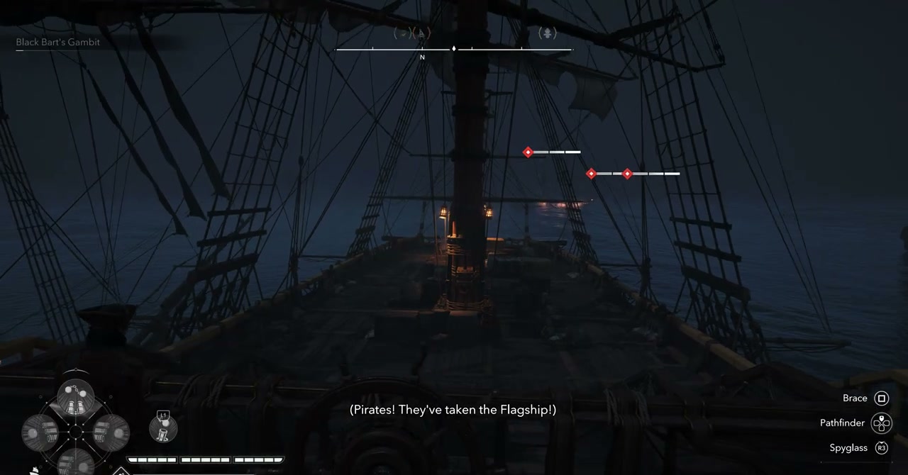 The paired ships in their southwestern storm zone. You'll see both ships' icons on the minimap at all times — use that to track the one you're not currently focusing.